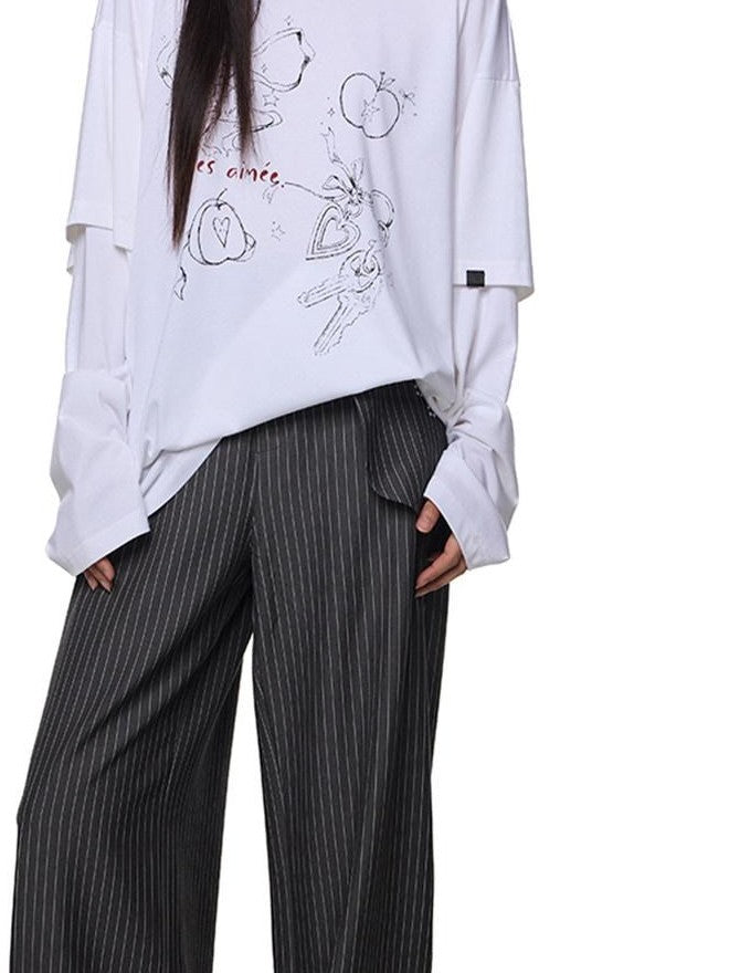 EZEK White Faux Two Piece Letter Print Women's Cotton Long Sleeve T-shirts