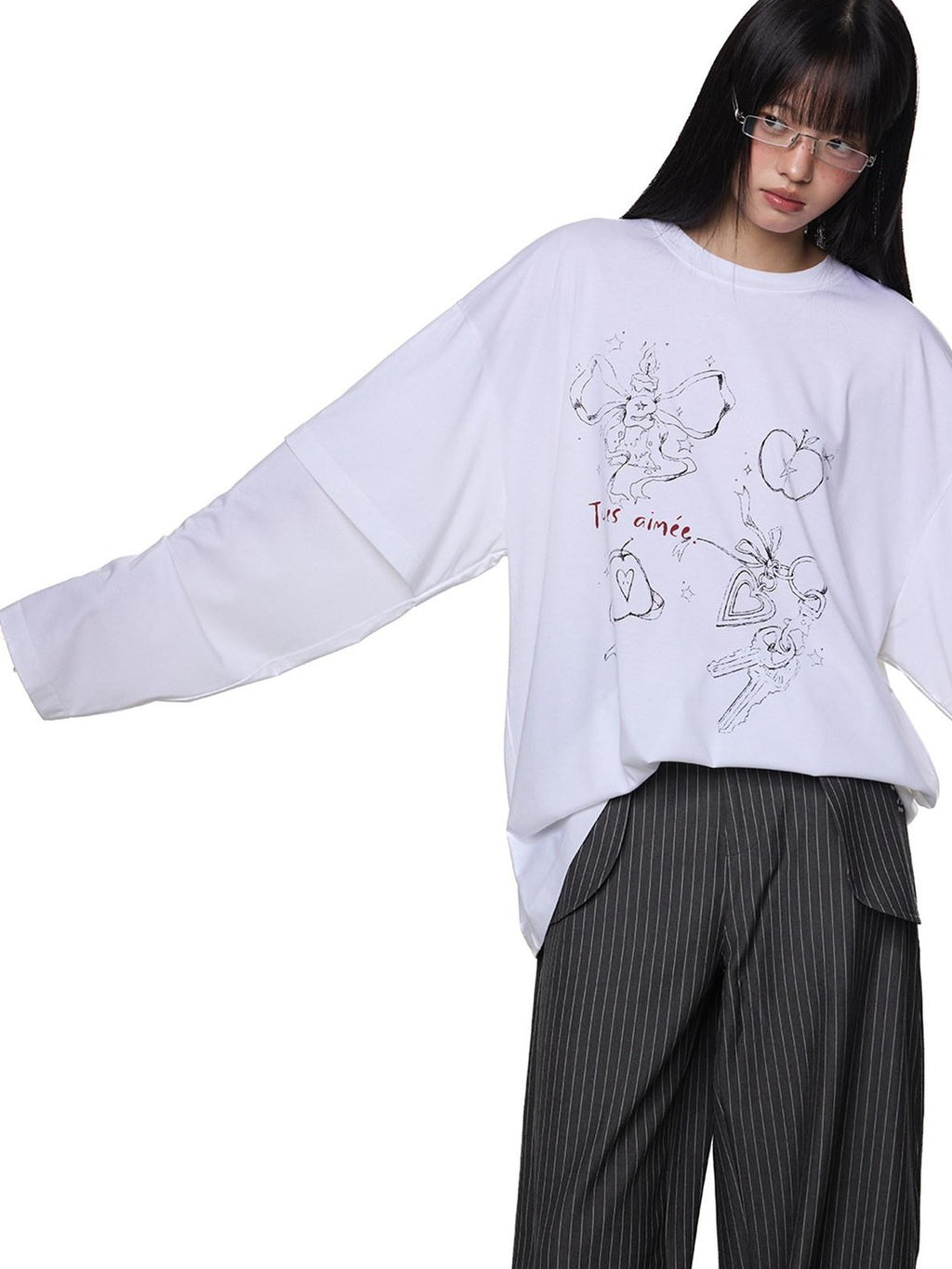 EZEK White Faux Two Piece Letter Print Women's Cotton Long Sleeve T-shirts