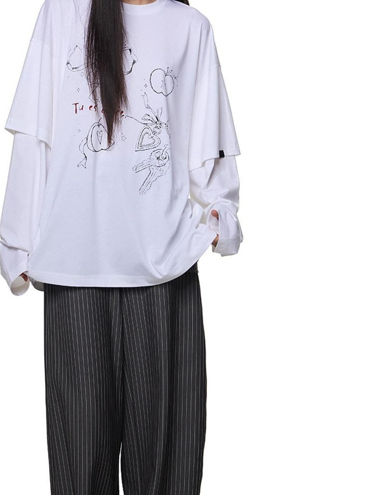 EZEK White Faux Two Piece Letter Print Women's Cotton Long Sleeve T-shirts