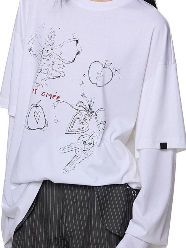 EZEK White Faux Two Piece Letter Print Women's Cotton Long Sleeve T-shirts