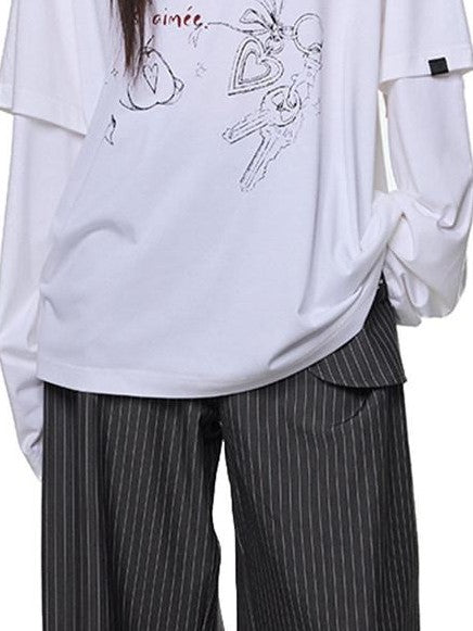 EZEK White Faux Two Piece Letter Print Women's Cotton Long Sleeve T-shirts