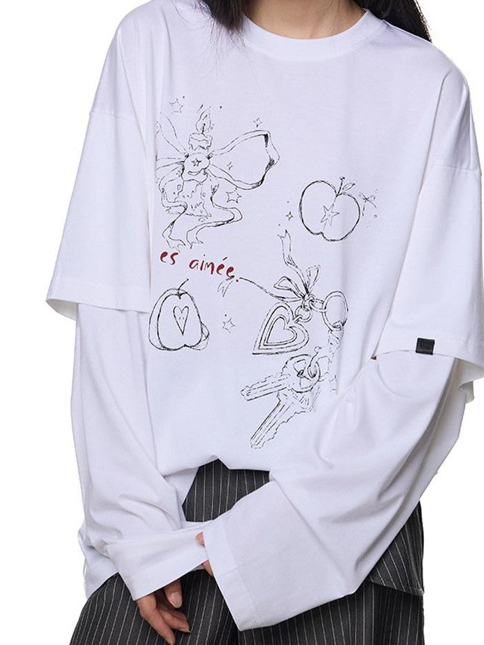 EZEK White Faux Two Piece Letter Print Women's Cotton Long Sleeve T-shirts