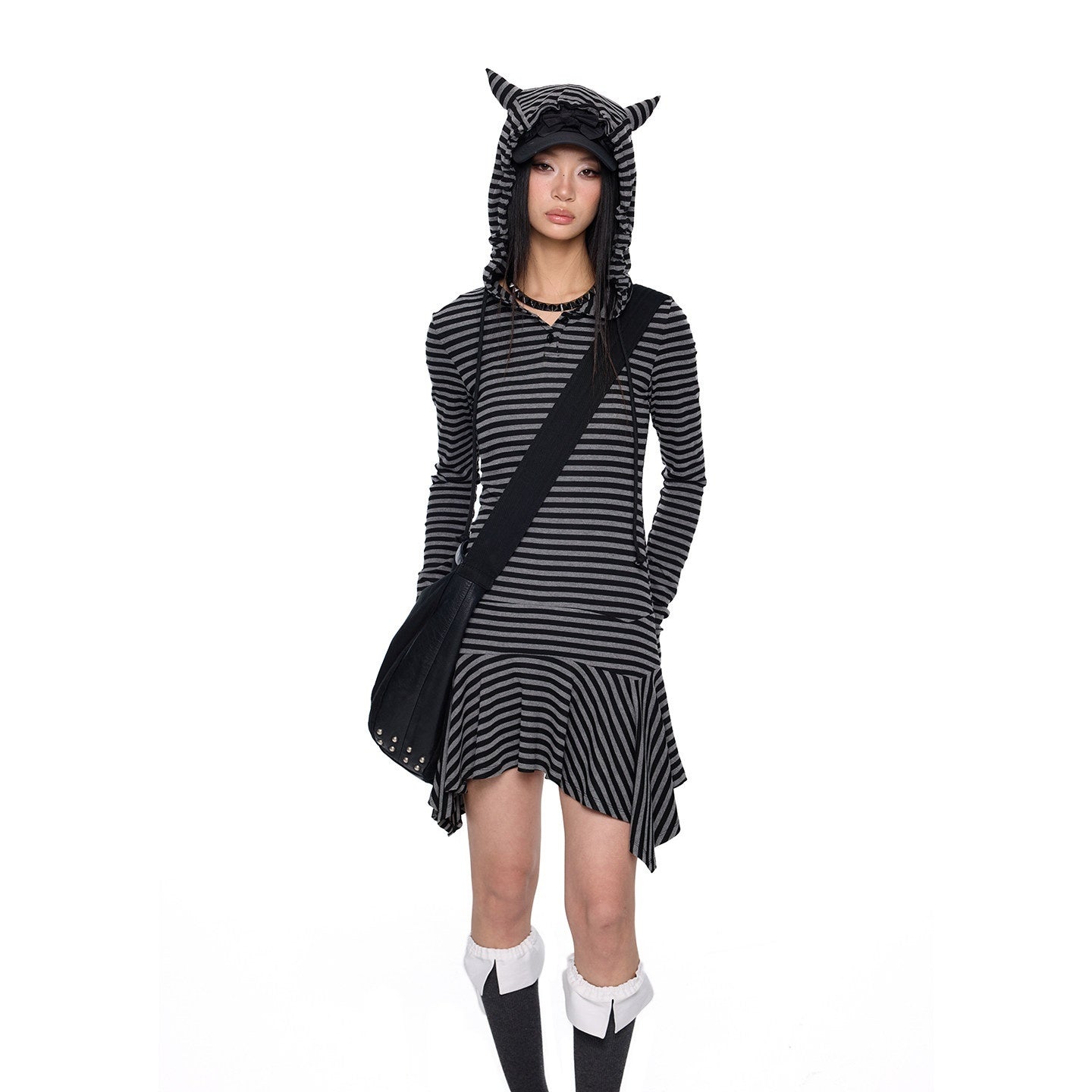 EZEK_Y2k_Striped_Ear_Hood_Asymmetric_Waist_Women's_Cotton_Blend_Casual_Midi_Dresses_1015816720006_MISSTT