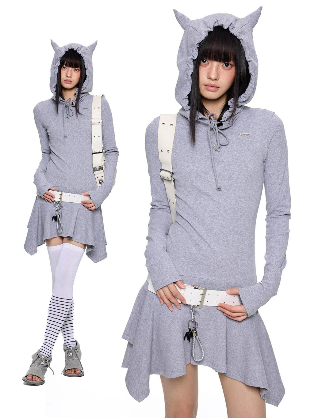 EZEK Y2k Striped Ear Hood Asymmetric Waist Women's Cotton Blend Casual Midi Dresses