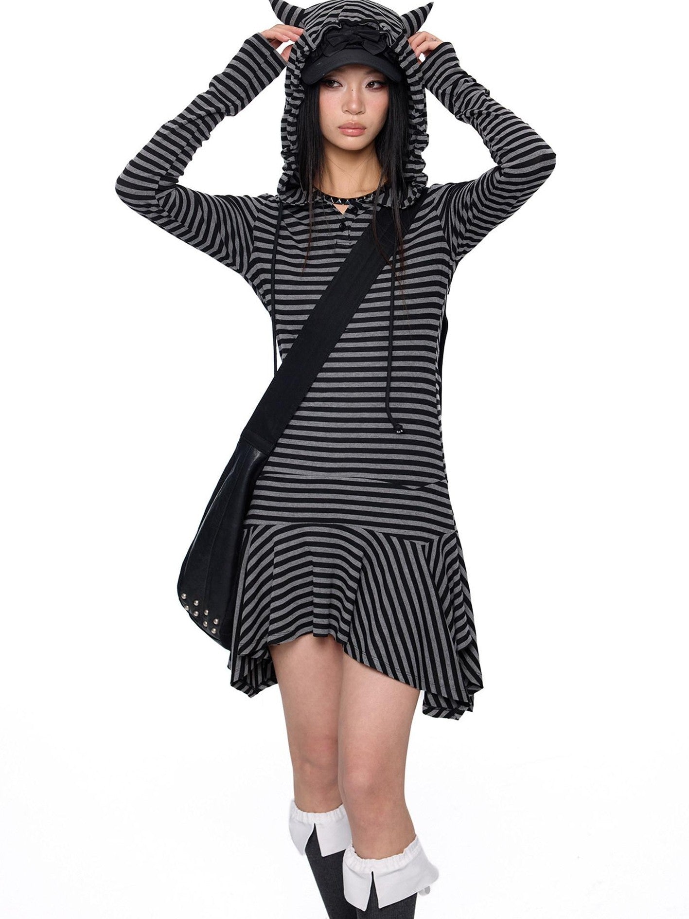 EZEK Y2k Striped Ear Hood Asymmetric Waist Women's Cotton Blend Casual Midi Dresses