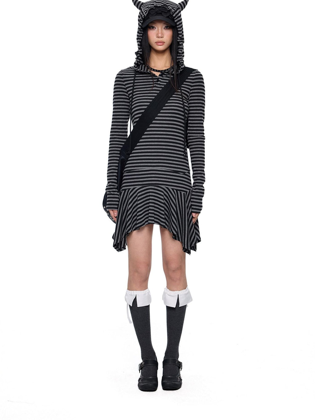 EZEK Y2k Striped Ear Hood Asymmetric Waist Women's Cotton Blend Casual Midi Dresses