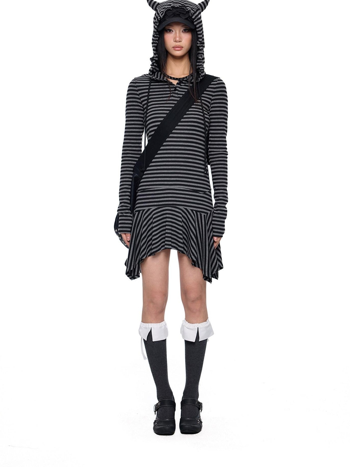 EZEK Y2k Striped Ear Hood Asymmetric Waist Women's Cotton Blend Casual Midi Dresses