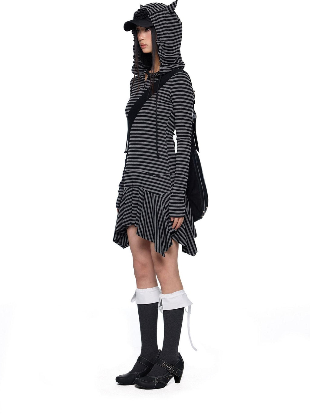 EZEK Y2k Striped Ear Hood Asymmetric Waist Women's Cotton Blend Casual Midi Dresses