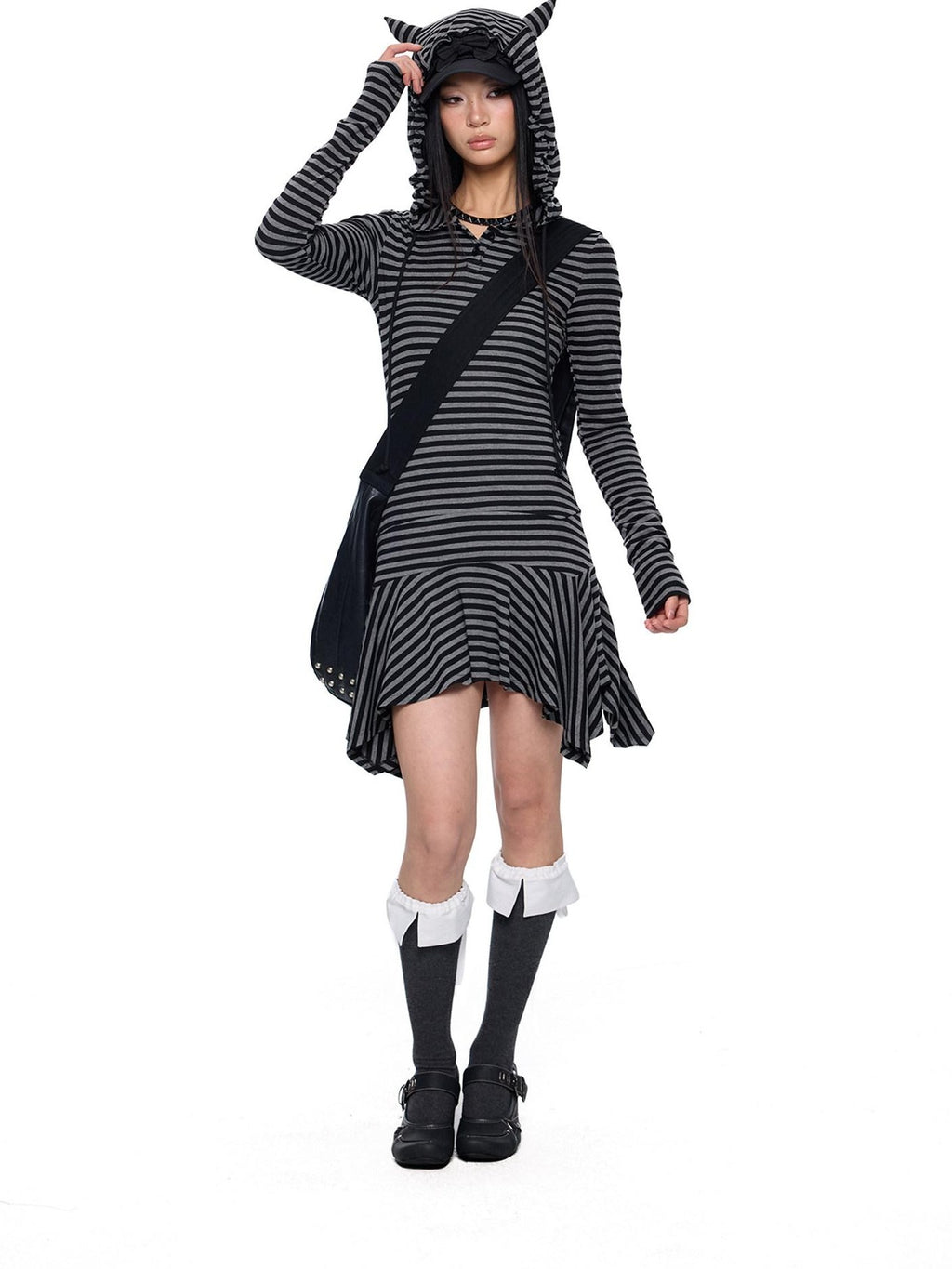 EZEK Y2k Striped Ear Hood Asymmetric Waist Women's Cotton Blend Casual Midi Dresses