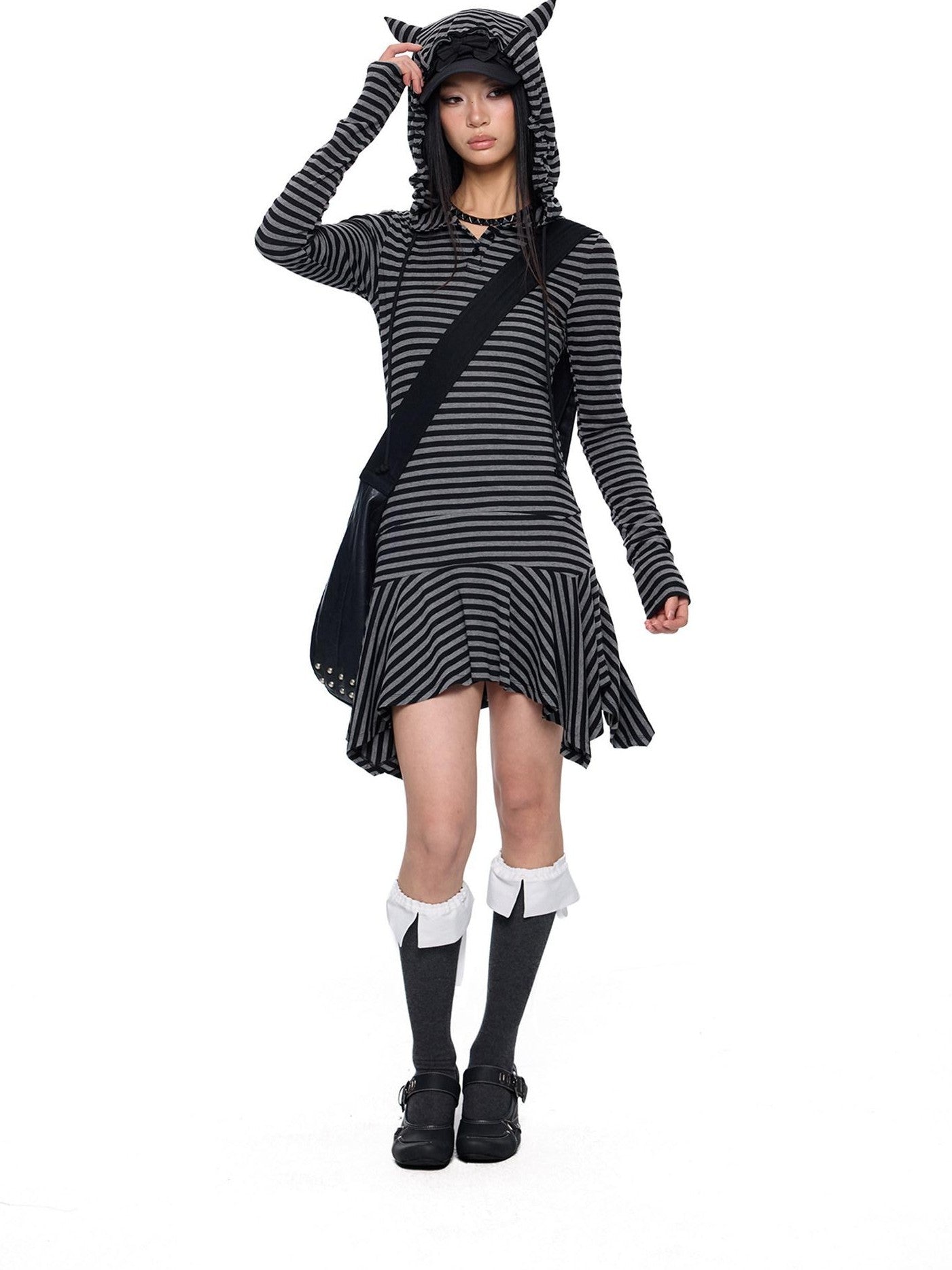 EZEK Y2k Striped Ear Hood Asymmetric Waist Women's Cotton Blend Casual Midi Dresses