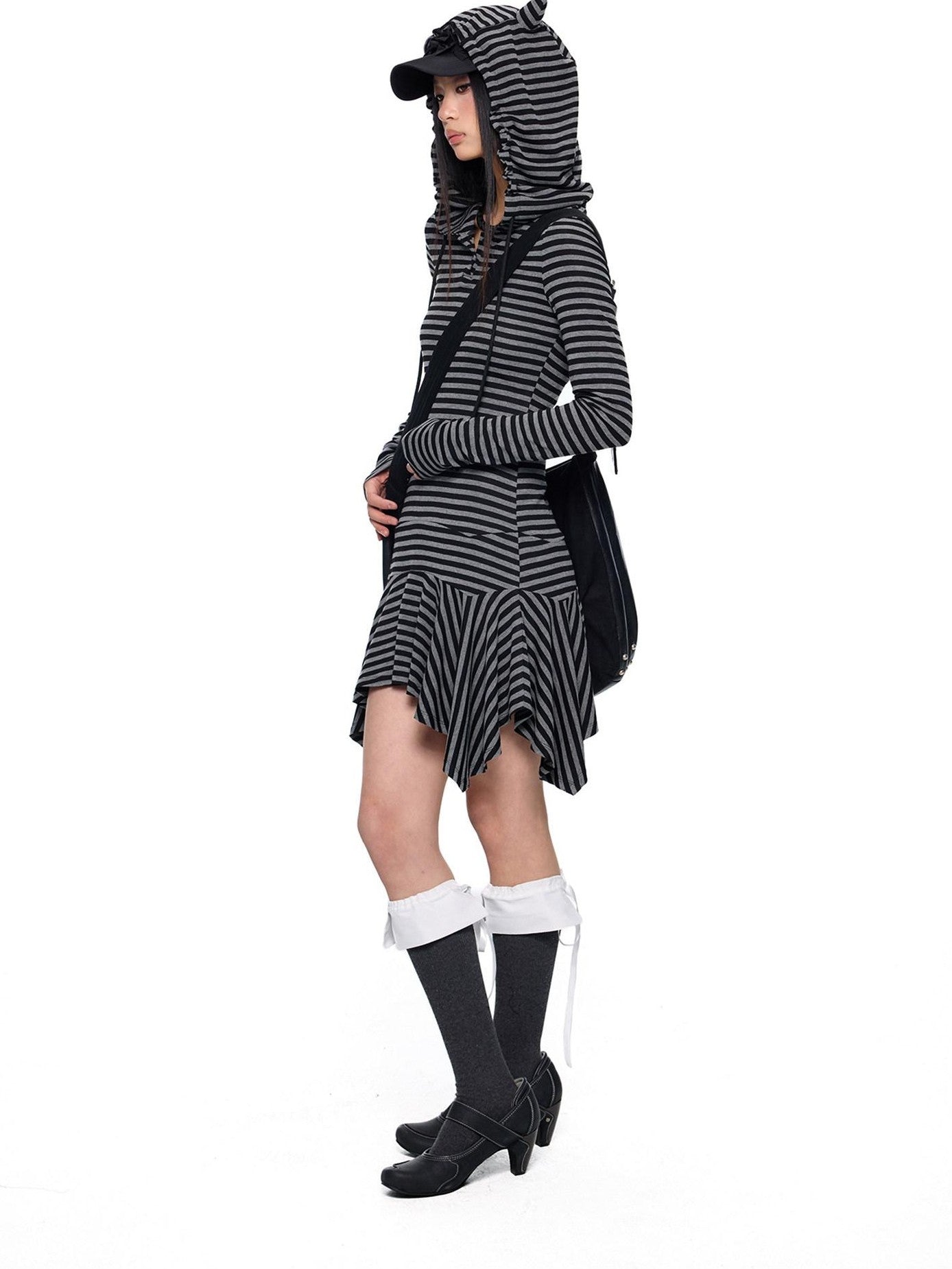 EZEK Y2k Striped Ear Hood Asymmetric Waist Women's Cotton Blend Casual Midi Dresses