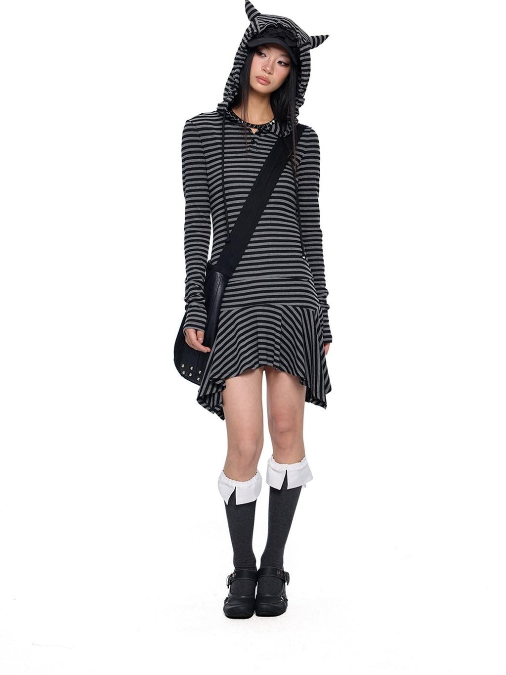 EZEK Y2k Striped Ear Hood Asymmetric Waist Women's Cotton Blend Casual Midi Dresses