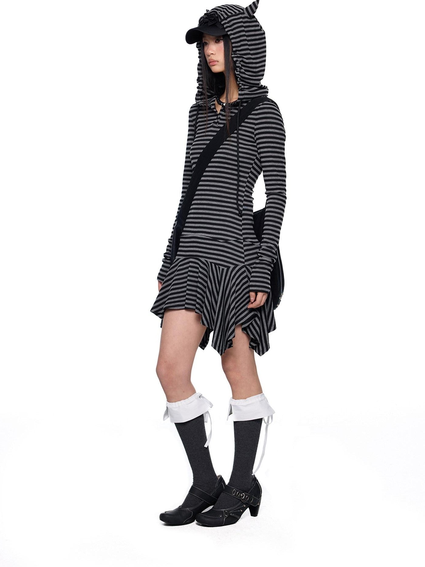 EZEK Y2k Striped Ear Hood Asymmetric Waist Women's Cotton Blend Casual Midi Dresses