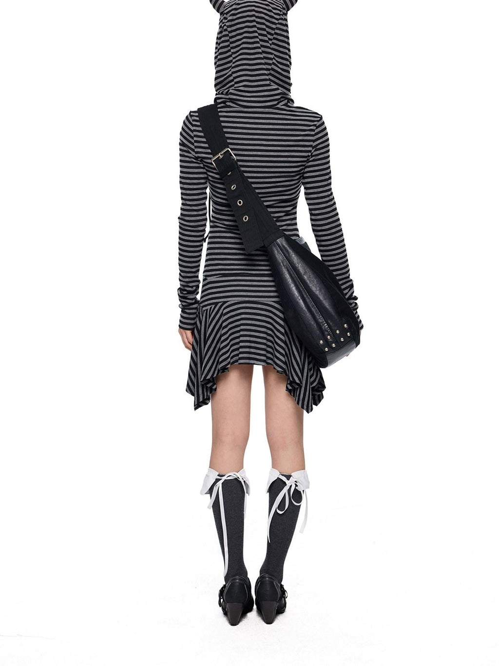 EZEK Y2k Striped Ear Hood Asymmetric Waist Women's Cotton Blend Casual Midi Dresses