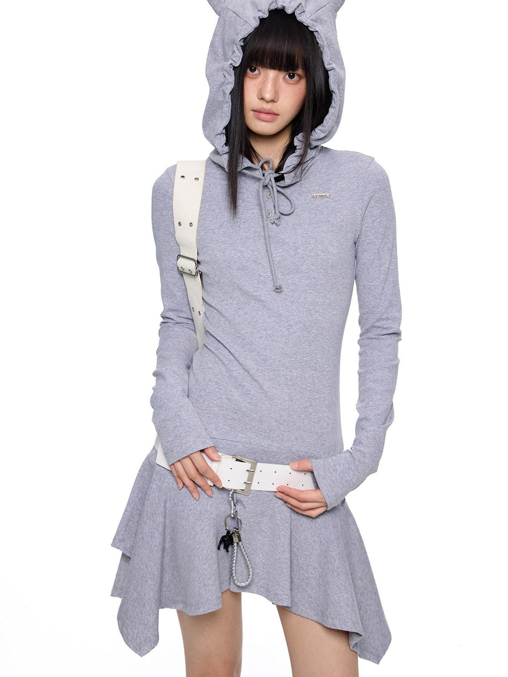 EZEK Y2k Striped Ear Hood Asymmetric Waist Women's Cotton Blend Casual Midi Dresses
