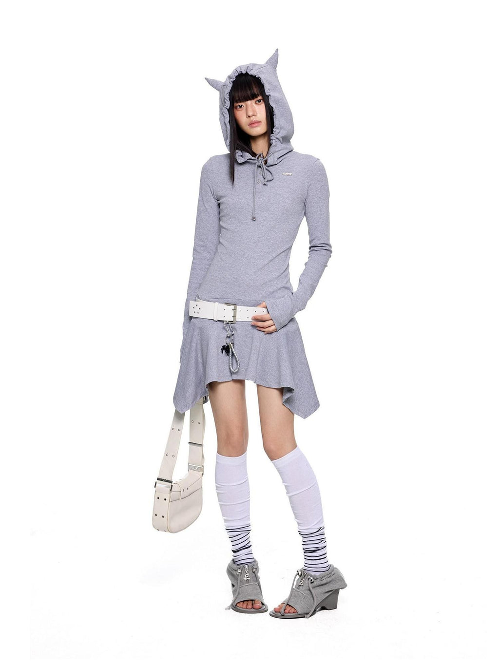 EZEK Y2k Striped Ear Hood Asymmetric Waist Women's Cotton Blend Casual Midi Dresses