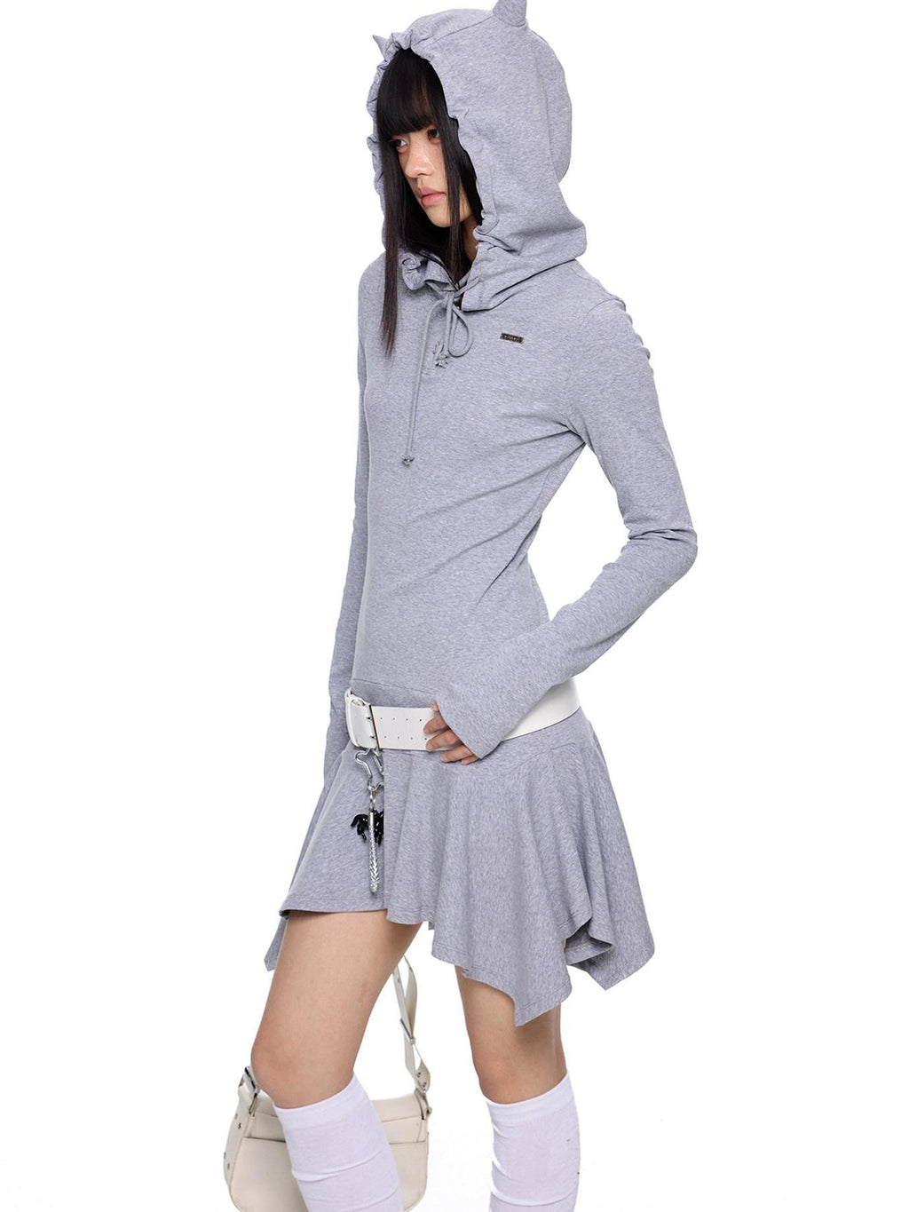 EZEK Y2k Striped Ear Hood Asymmetric Waist Women's Cotton Blend Casual Midi Dresses