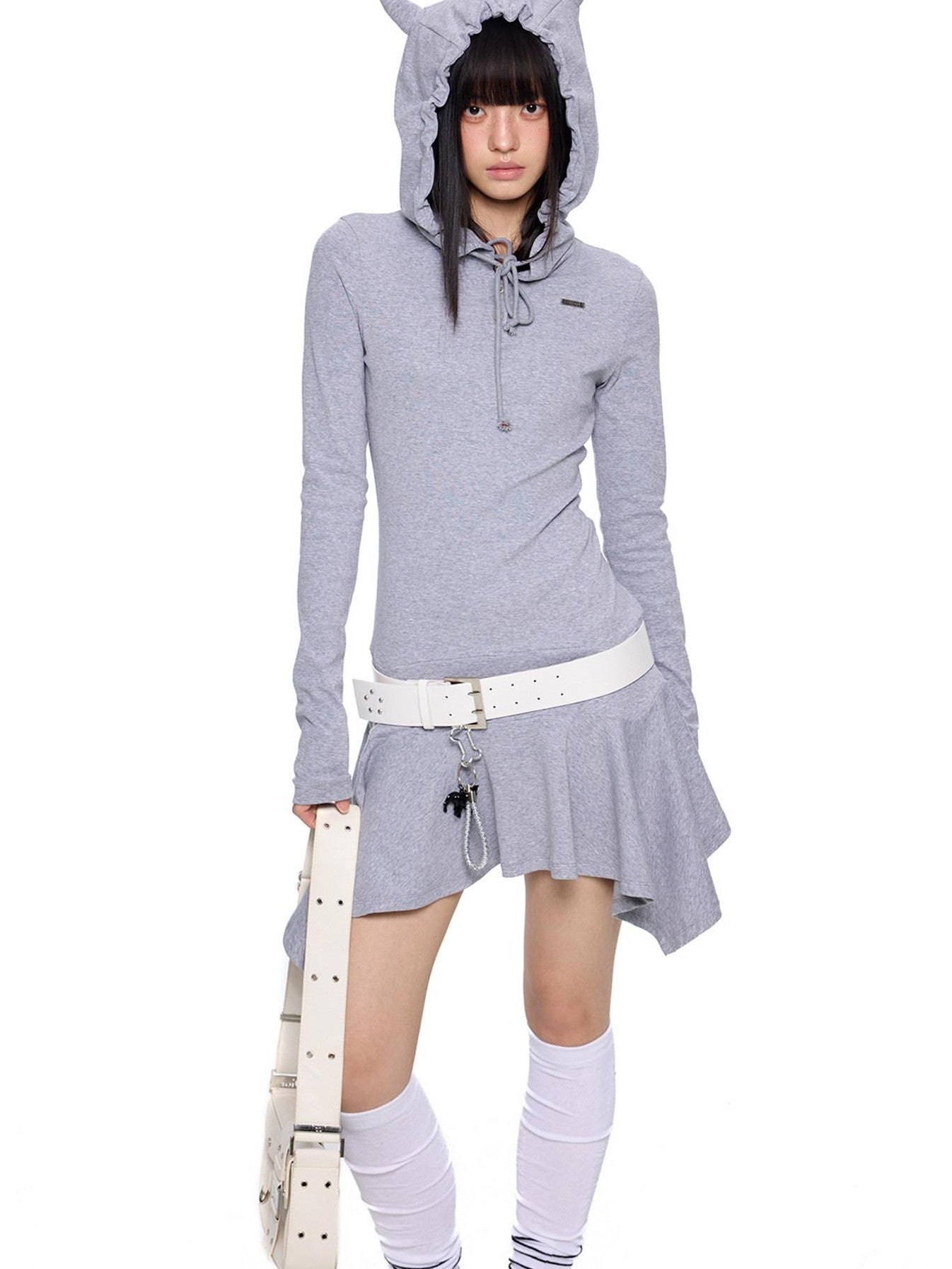 EZEK Y2k Striped Ear Hood Asymmetric Waist Women's Cotton Blend Casual Midi Dresses