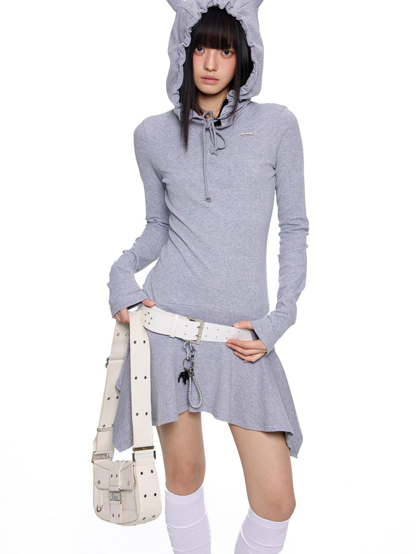 EZEK Y2k Striped Ear Hood Asymmetric Waist Women's Cotton Blend Casual Midi Dresses