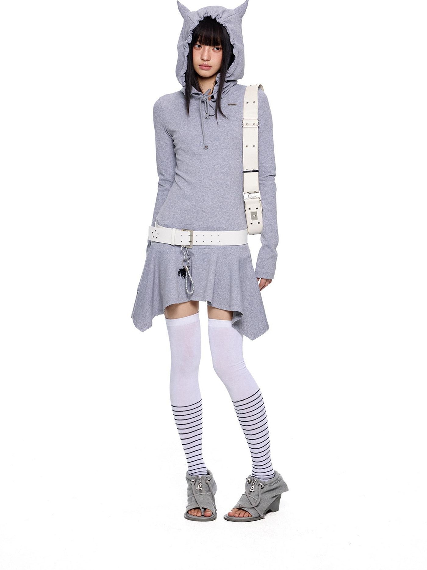 EZEK Y2k Striped Ear Hood Asymmetric Waist Women's Cotton Blend Casual Midi Dresses