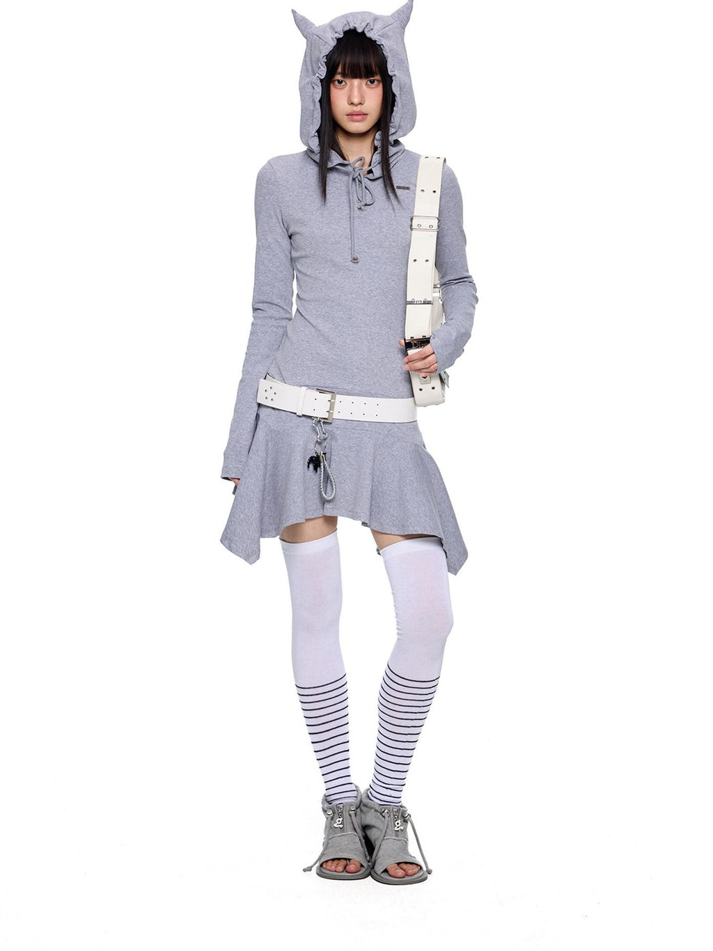 EZEK Y2k Striped Ear Hood Asymmetric Waist Women's Cotton Blend Casual Midi Dresses