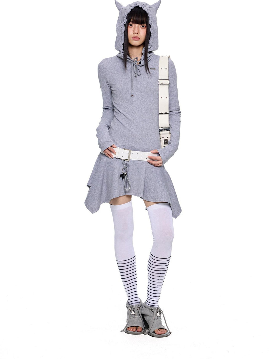 EZEK Y2k Striped Ear Hood Asymmetric Waist Women's Cotton Blend Casual Midi Dresses