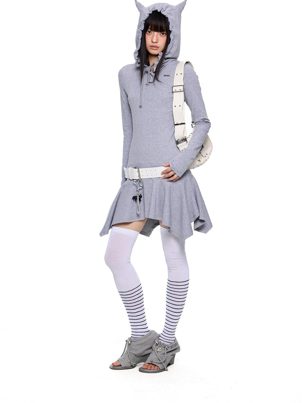 EZEK Y2k Striped Ear Hood Asymmetric Waist Women's Cotton Blend Casual Midi Dresses
