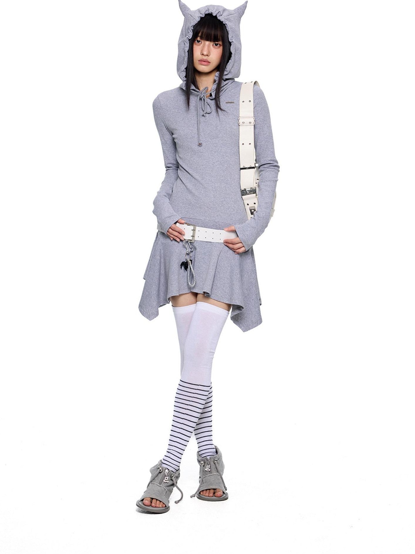 EZEK Y2k Striped Ear Hood Asymmetric Waist Women's Cotton Blend Casual Midi Dresses