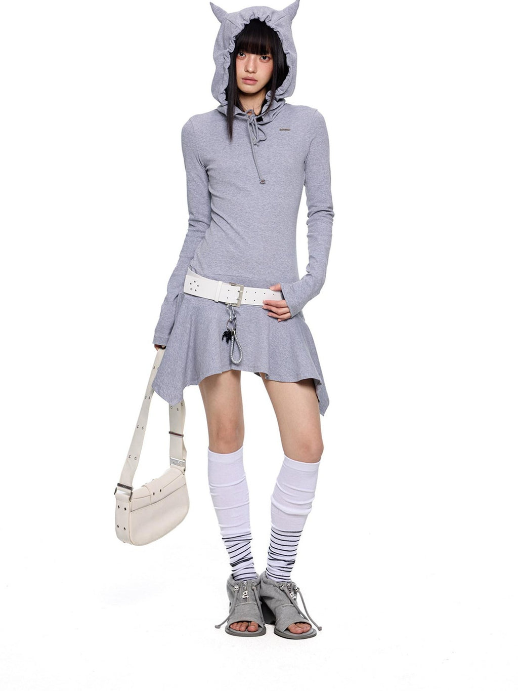 EZEK Y2k Striped Ear Hood Asymmetric Waist Women's Cotton Blend Casual Midi Dresses