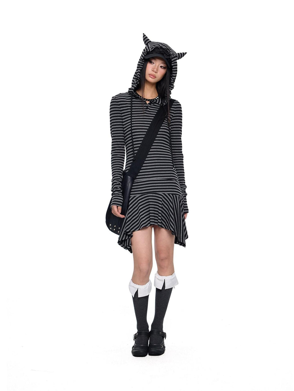 EZEK Y2k Striped Ear Hood Asymmetric Waist Women's Cotton Blend Casual Midi Dresses