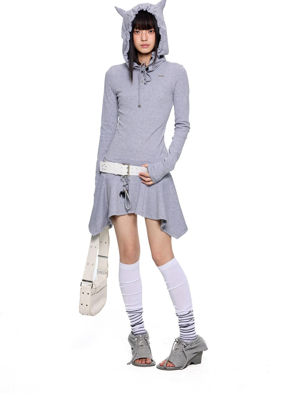 EZEK Y2k Striped Ear Hood Asymmetric Waist Women's Cotton Blend Casual Midi Dresses