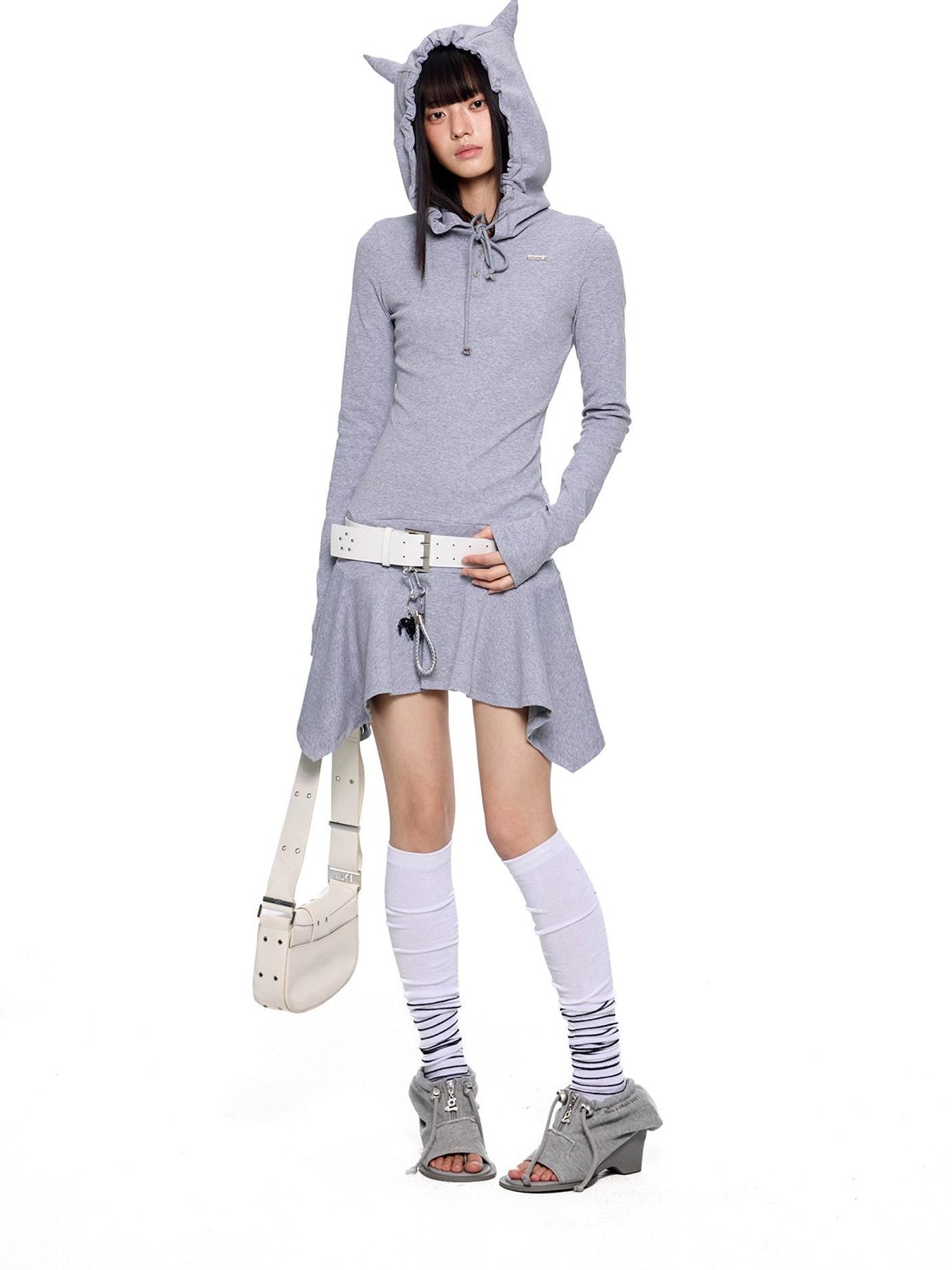 EZEK Y2k Striped Ear Hood Asymmetric Waist Women's Cotton Blend Casual Midi Dresses