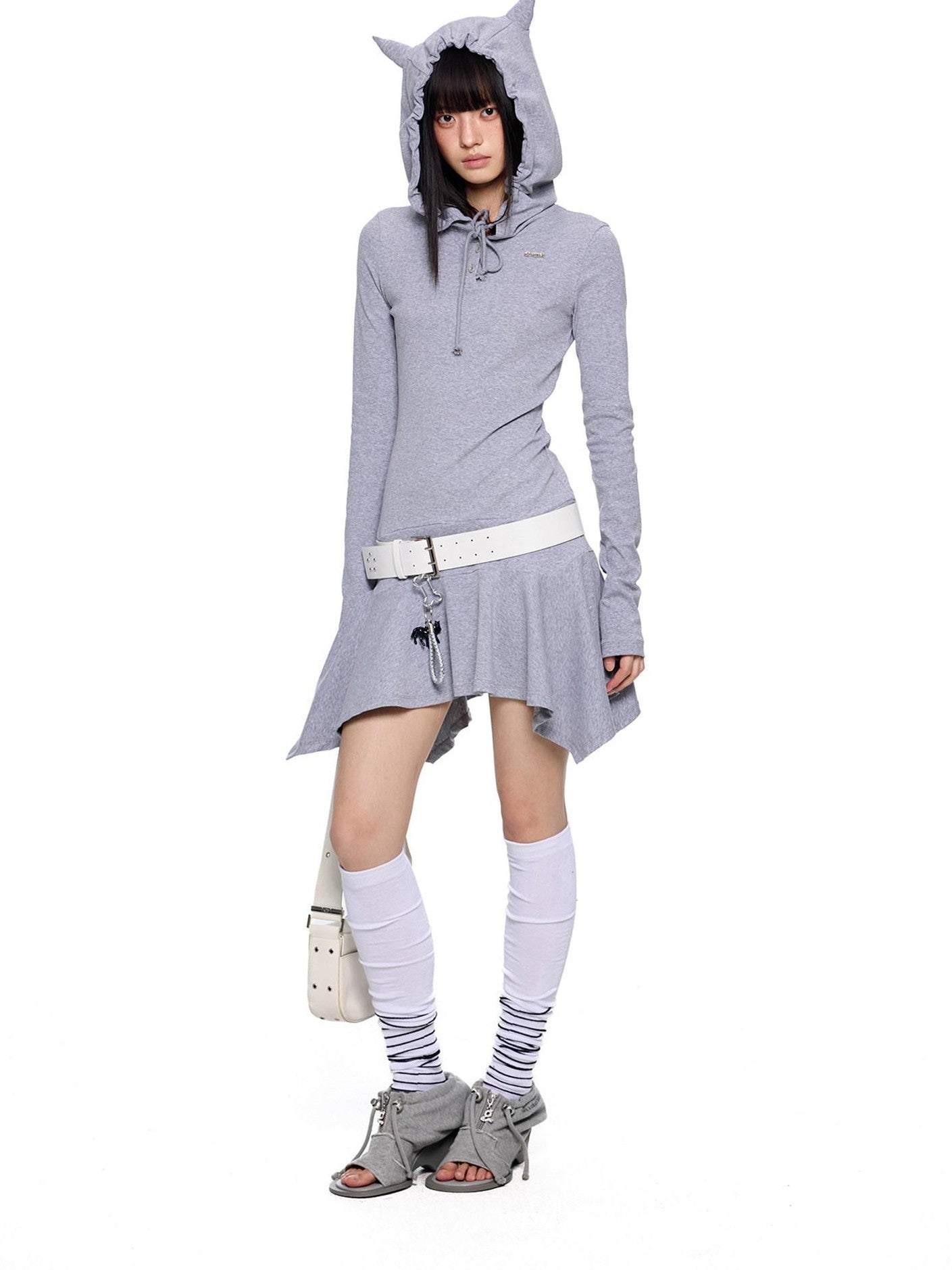 EZEK Y2k Striped Ear Hood Asymmetric Waist Women's Cotton Blend Casual Midi Dresses