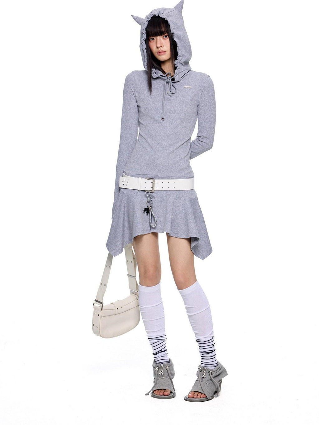 EZEK Y2k Striped Ear Hood Asymmetric Waist Women's Cotton Blend Casual Midi Dresses