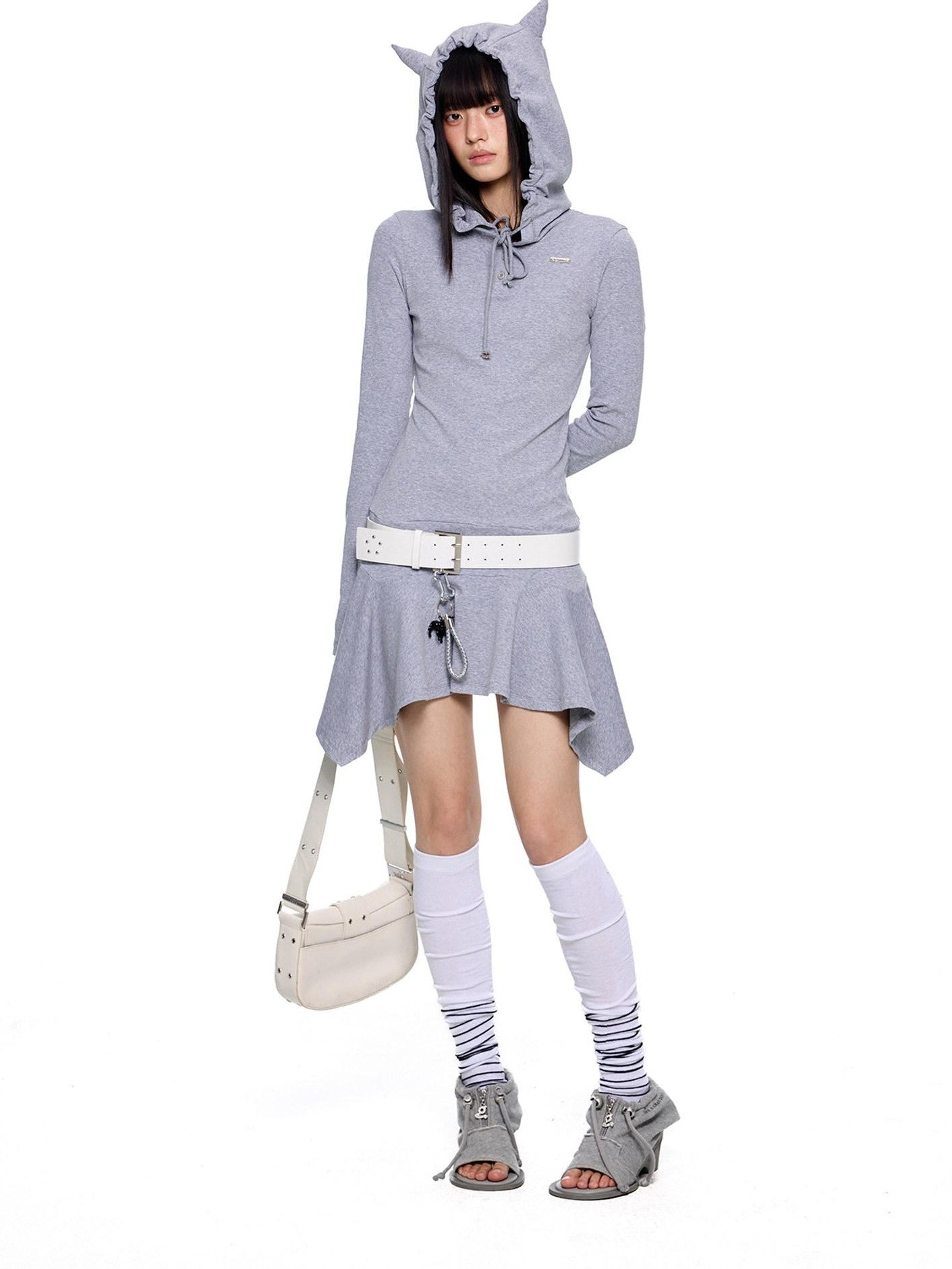 EZEK Y2k Striped Ear Hood Asymmetric Waist Women's Cotton Blend Casual Midi Dresses