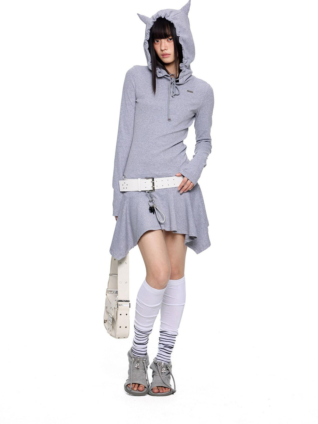 EZEK Y2k Striped Ear Hood Asymmetric Waist Women's Cotton Blend Casual Midi Dresses
