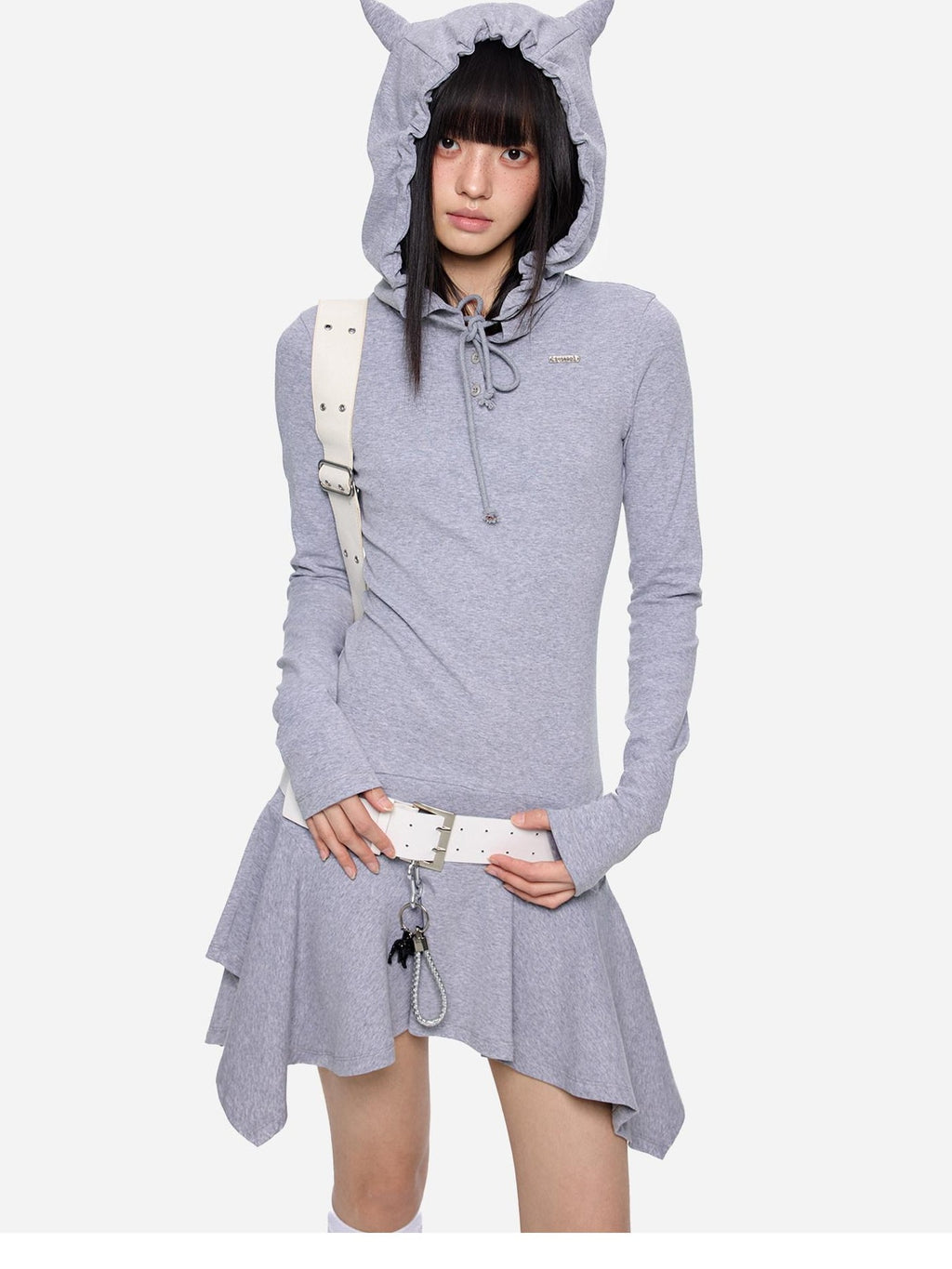 EZEK Y2k Striped Ear Hood Asymmetric Waist Women's Cotton Blend Casual Midi Dresses