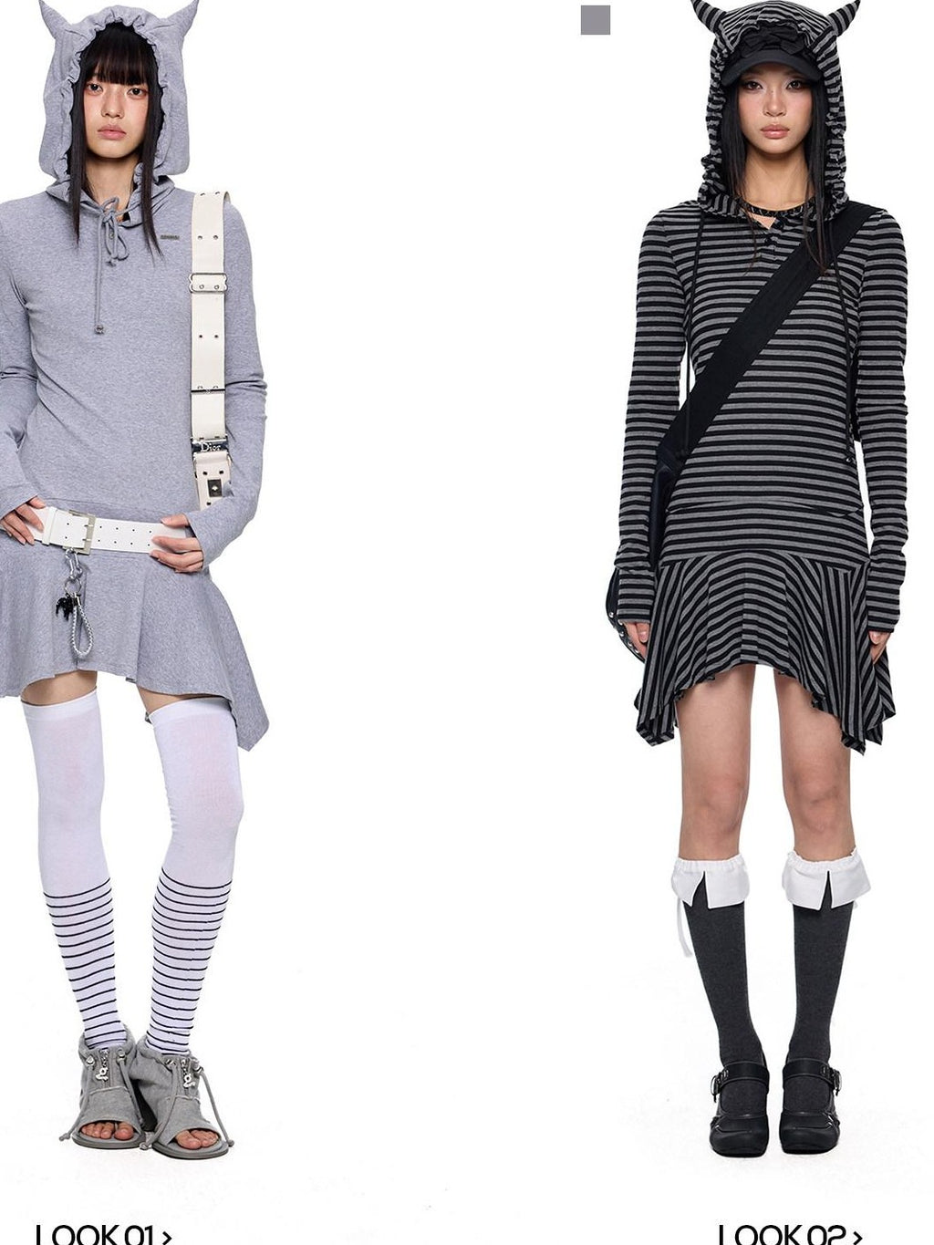 EZEK Y2k Striped Ear Hood Asymmetric Waist Women's Cotton Blend Casual Midi Dresses