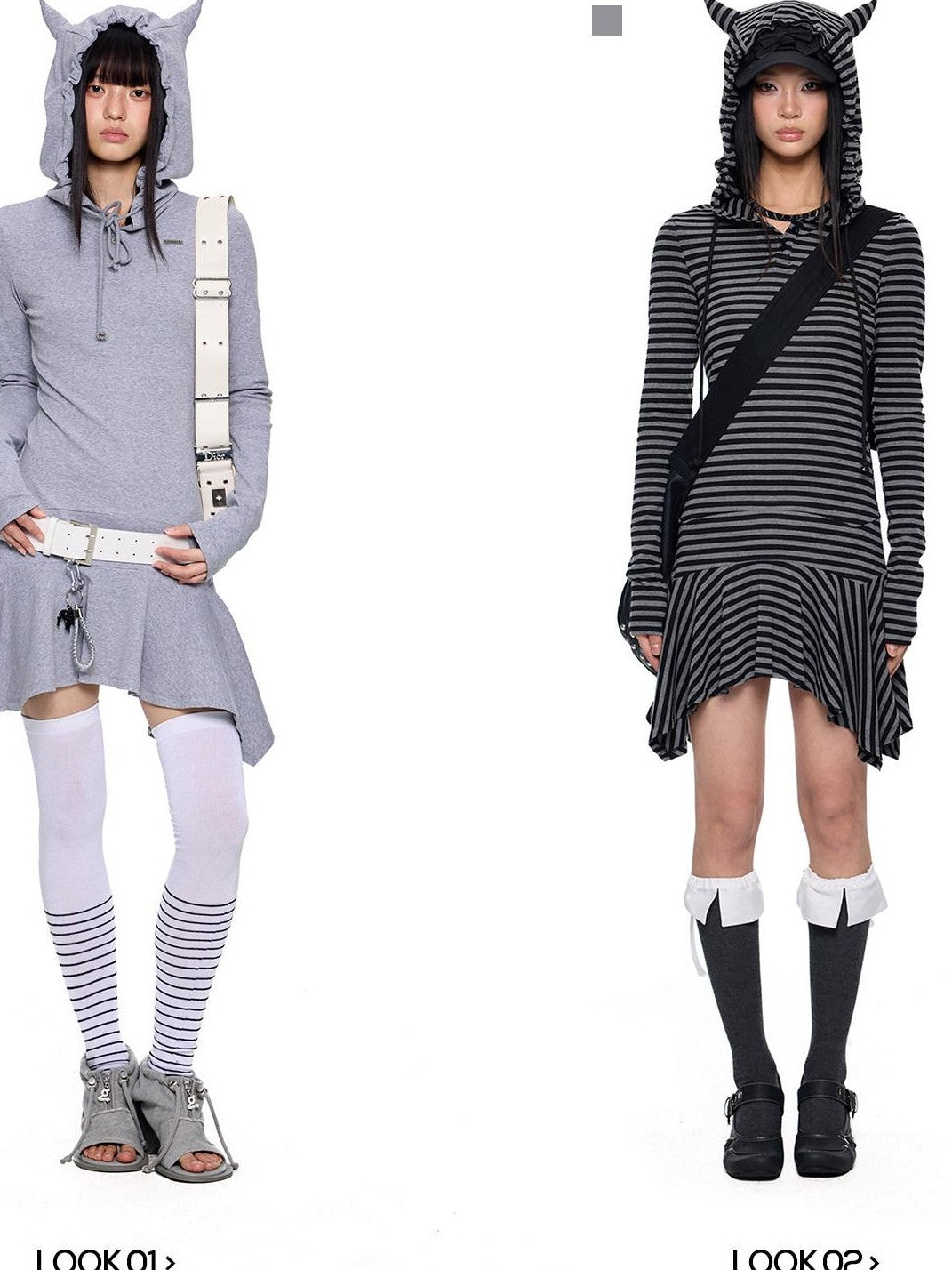 EZEK Y2k Striped Ear Hood Asymmetric Waist Women's Cotton Blend Casual Midi Dresses