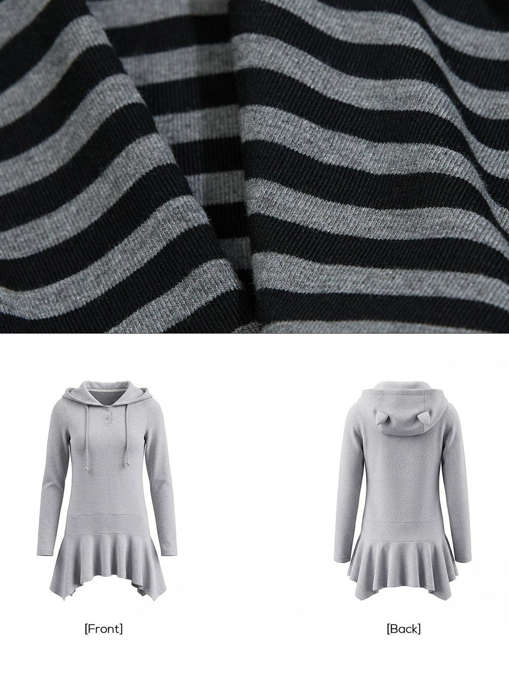 EZEK Y2k Striped Ear Hood Asymmetric Waist Women's Cotton Blend Casual Midi Dresses