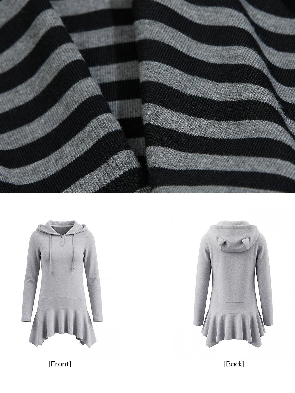 EZEK Y2k Striped Ear Hood Asymmetric Waist Women's Cotton Blend Casual Midi Dresses