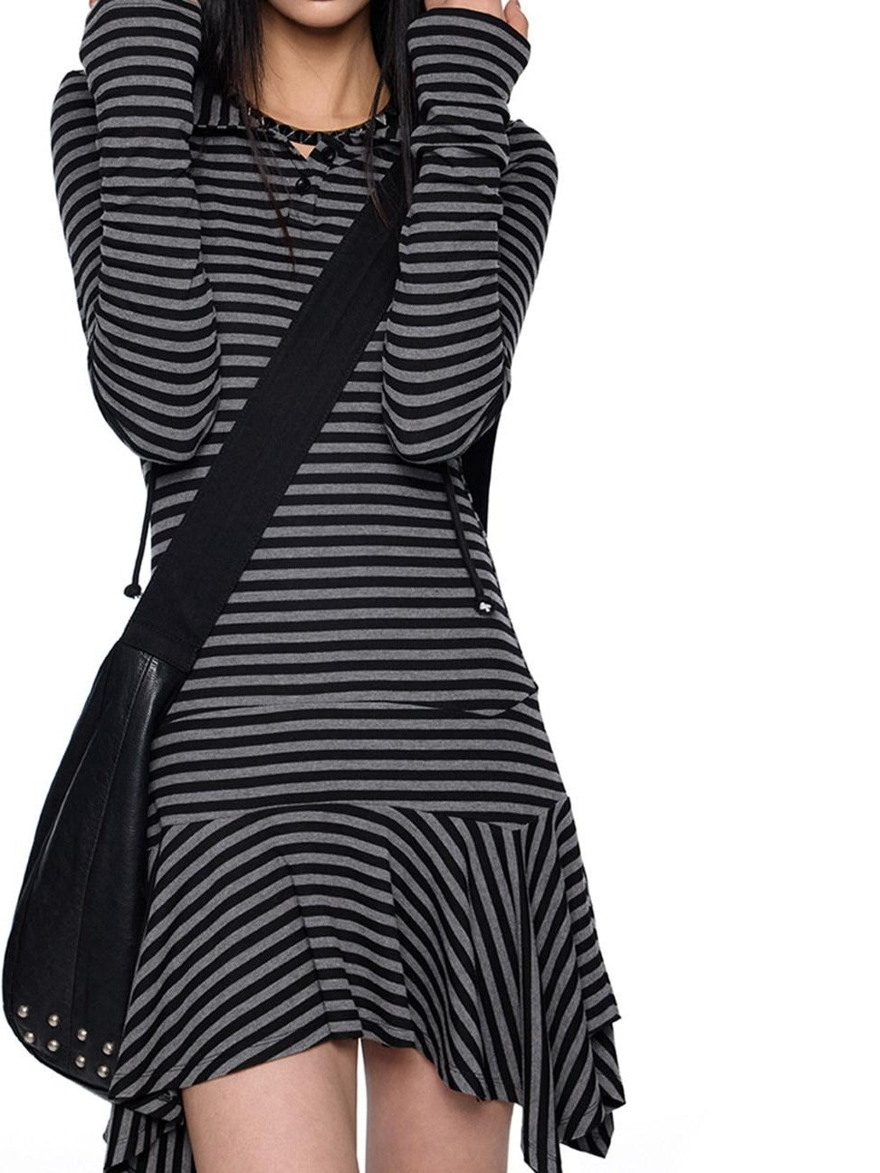 EZEK Y2k Striped Ear Hood Asymmetric Waist Women's Cotton Blend Casual Midi Dresses