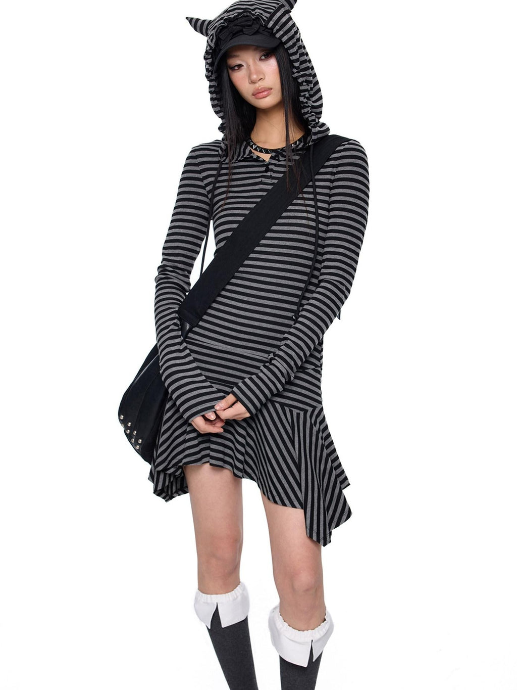 EZEK Y2k Striped Ear Hood Asymmetric Waist Women's Cotton Blend Casual Midi Dresses