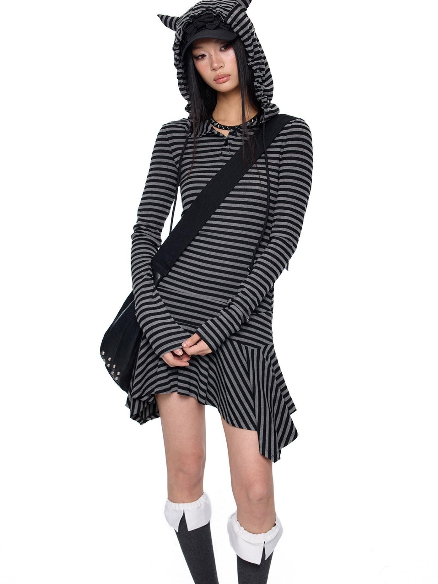 EZEK Y2k Striped Ear Hood Asymmetric Waist Women's Cotton Blend Casual Midi Dresses