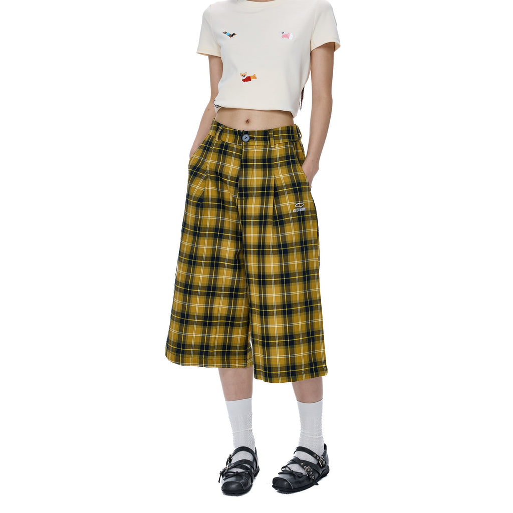 EZEK_Yellow_Black_Plaid_Pocket_Button_Fly_Hip_Hop_Wide_Leg_Women's_Cotton_Capri_Pants_932971262387_MISSTT