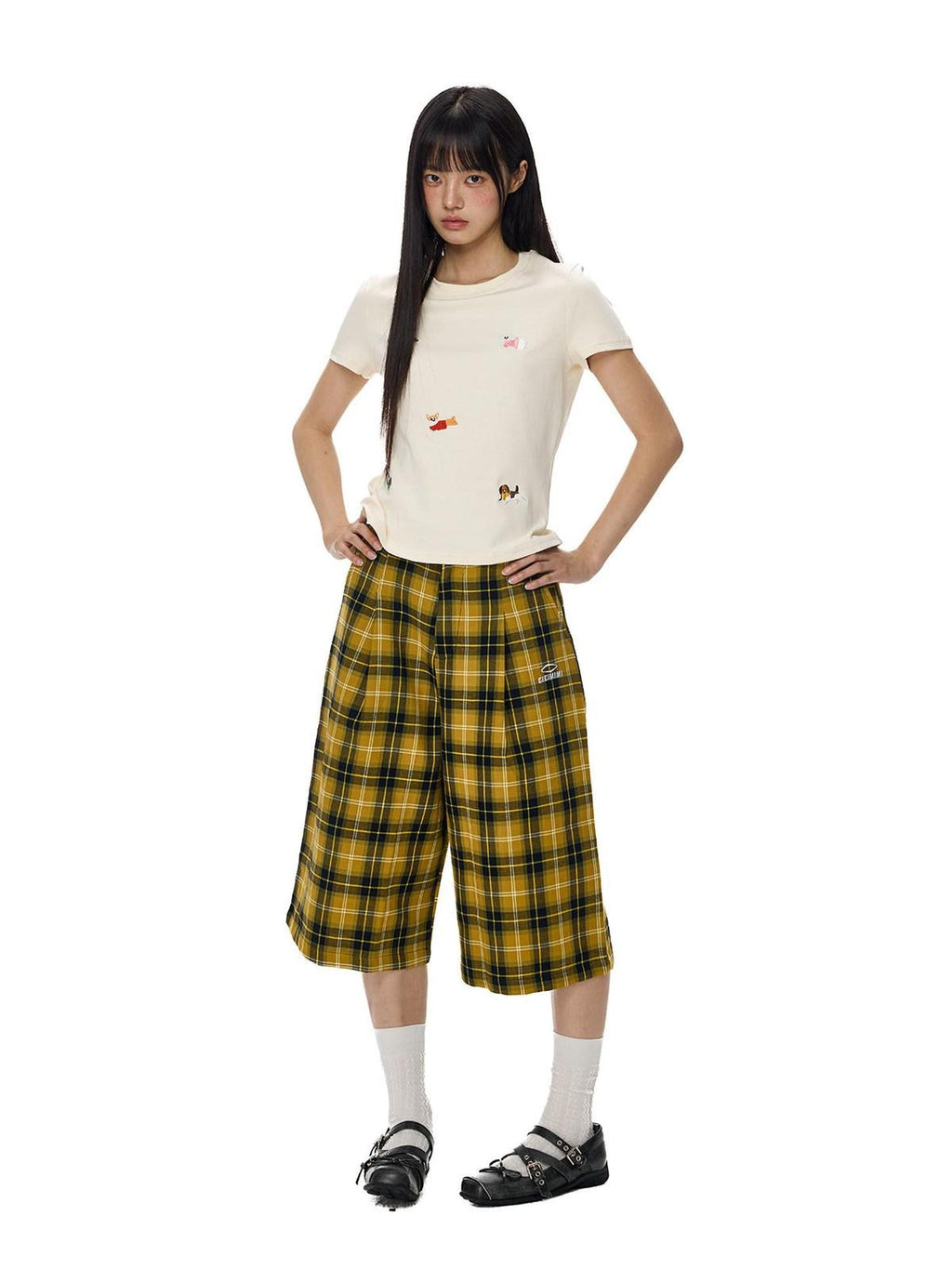 EZEK Yellow Black Plaid Pocket Button Fly Hip Hop Wide Leg Women's Cotton Capri Pants