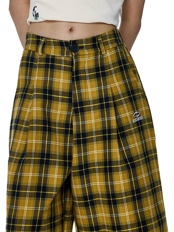 EZEK Yellow Black Plaid Pocket Button Fly Hip Hop Wide Leg Women's Cotton Capri Pants
