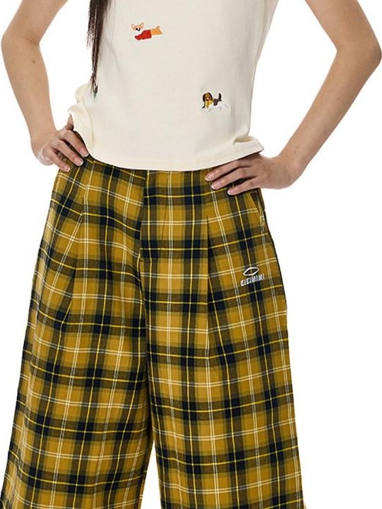 EZEK Yellow Black Plaid Pocket Button Fly Hip Hop Wide Leg Women's Cotton Capri Pants