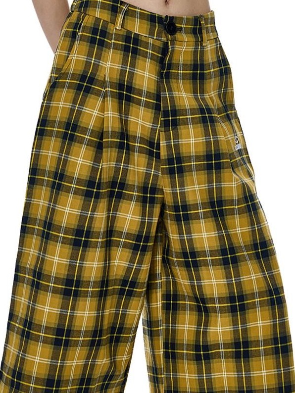EZEK Yellow Black Plaid Pocket Button Fly Hip Hop Wide Leg Women's Cotton Capri Pants