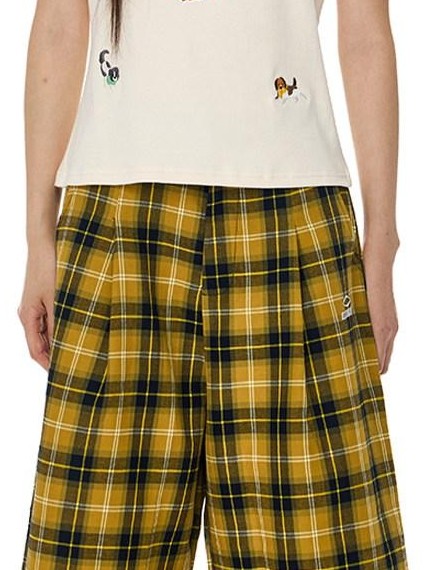 EZEK Yellow Black Plaid Pocket Button Fly Hip Hop Wide Leg Women's Cotton Capri Pants